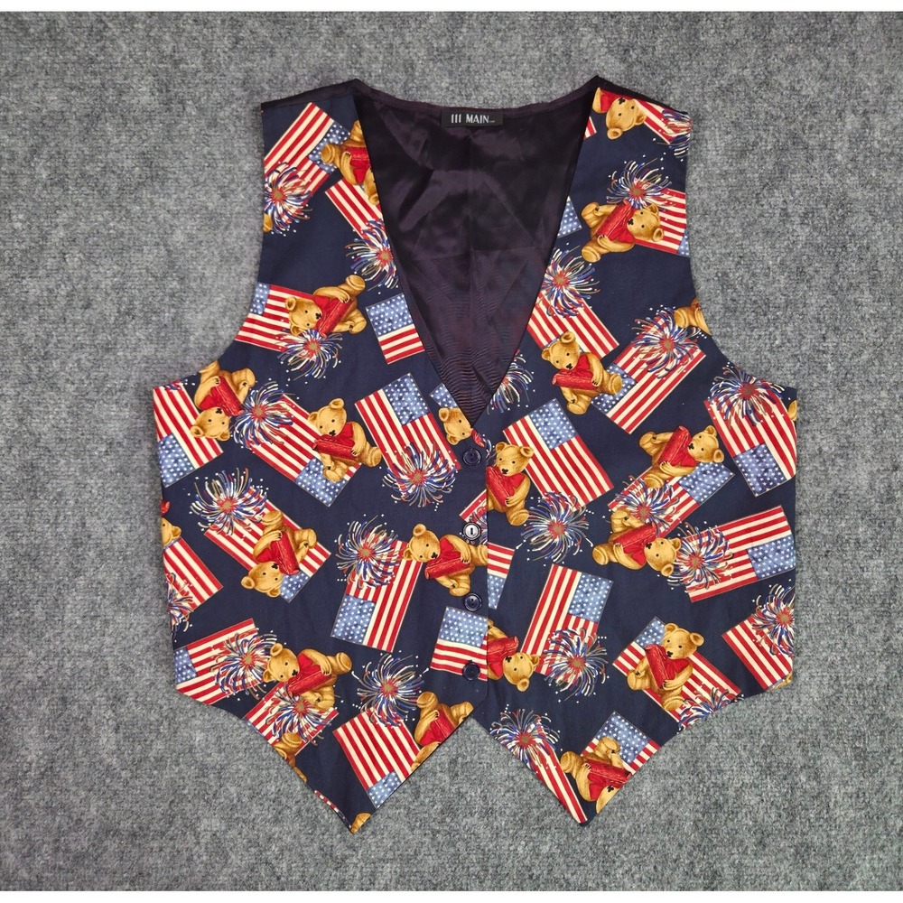111 Main Vest Womens L Blue Patriotic Teddy Bear American‎ Flag Fireworks Y2K
